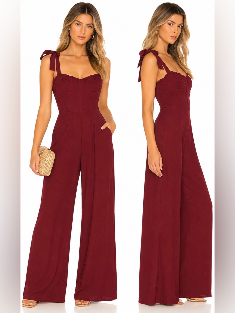 Reformation Burgundy Wide Leg Jumpsuit Size 12 Tie Strap Corset Bustier
